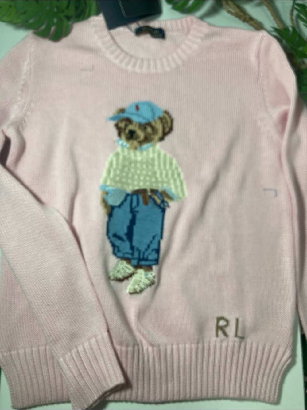 Polo by Ralph Lauren Pink Crewneck Sweater with Bear Intarsia